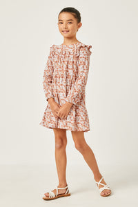 GY5106 PINK Girls Ditsy Floral Ruffled Shoulder Tiered Dress Side