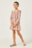GY5106 PINK Girls Ditsy Floral Ruffled Shoulder Tiered Dress Side