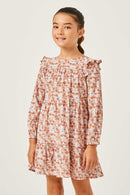GY5106 PINK Girls Ditsy Floral Ruffled Shoulder Tiered Dress Front