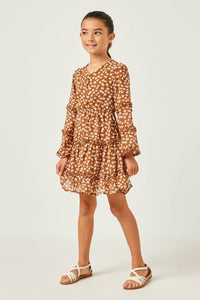 GY5121 Camel Girls Ruffled Detail Floral Trumpet Sleeve Dress Full Body