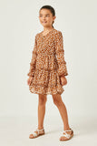 GY5121 Camel Girls Ruffled Detail Floral Trumpet Sleeve Dress Full Body