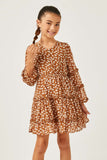 GY5121 Camel Girls Ruffled Detail Floral Trumpet Sleeve Dress Front