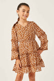 GY5121 Camel Girls Ruffled Detail Floral Trumpet Sleeve Dress Pose