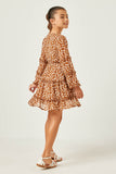 GY5121 Camel Girls Ruffled Detail Floral Trumpet Sleeve Dress Back