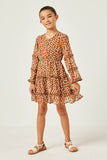 GY5121 Camel Girls Ruffled Detail Floral Trumpet Sleeve Dress Full Body 2