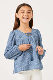 GY5124 BLUE Girls Linen Look Ruffled Sleeve Keyhole Dress Front