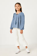 GY5124 BLUE Girls Linen Look Ruffled Sleeve Keyhole Dress Full Body