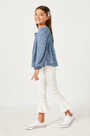 GY5124 BLUE Girls Linen Look Ruffled Sleeve Keyhole Dress Side