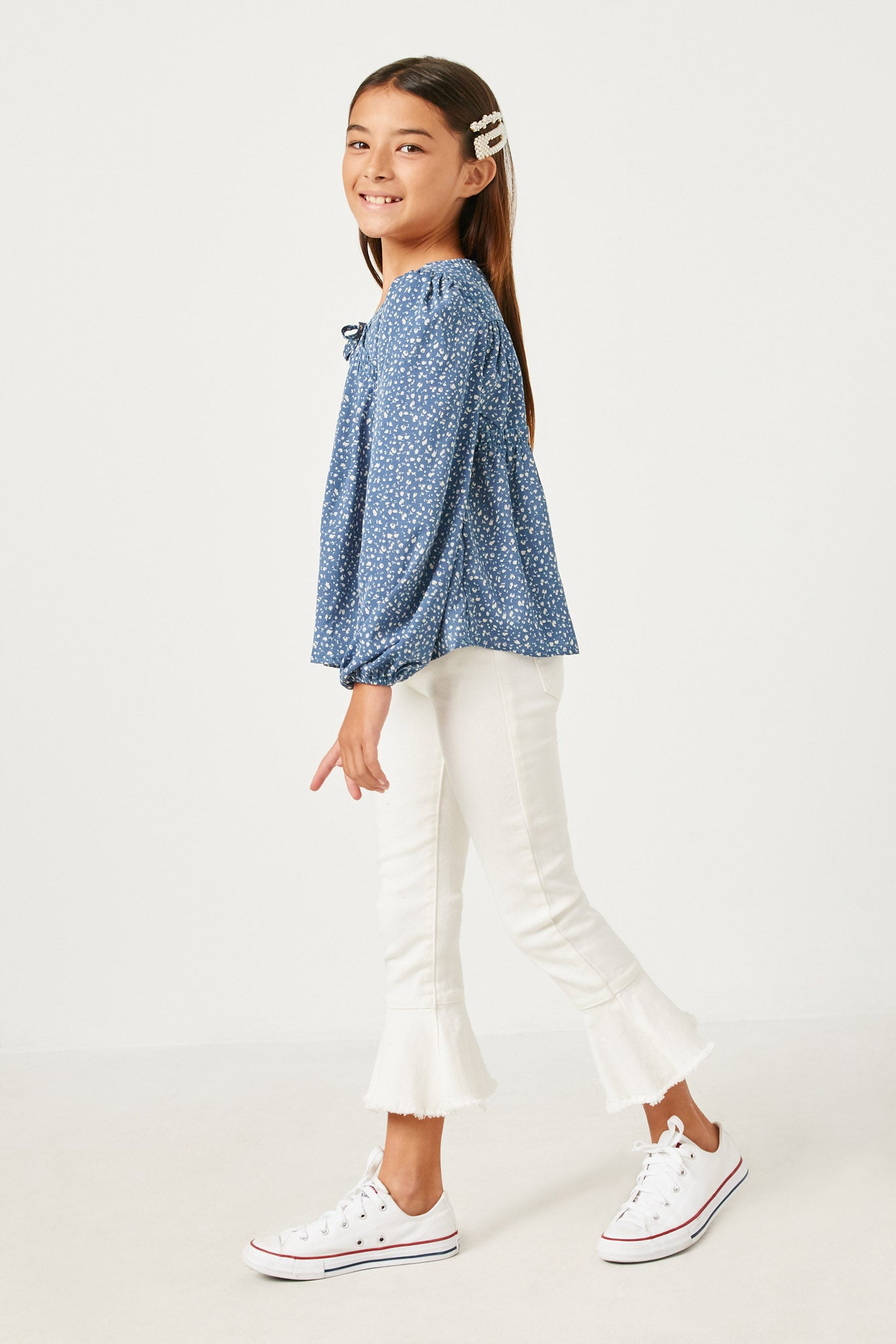 GY5124 BLUE Girls Linen Look Ruffled Sleeve Keyhole Dress Side