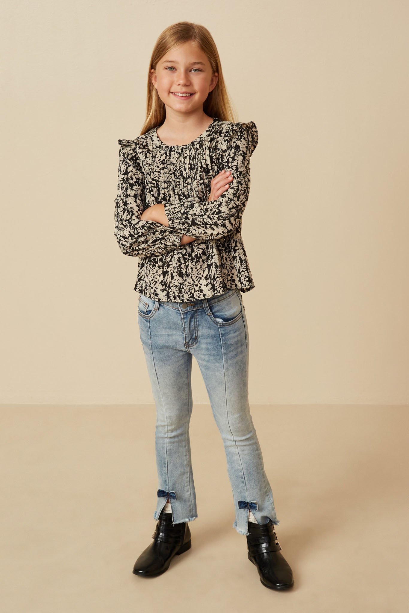 Pleat Detail Ruffle Shoulder Botanical Top