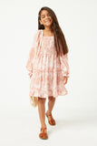 GY5133 Mauve Girls Marble Tie Dye Long Sleeve Ruffled Dress Full Body