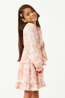 GY5133 Mauve Girls Marble Tie Dye Long Sleeve Ruffled Dress Side