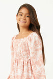 GY5133 Mauve Girls Marble Tie Dye Long Sleeve Ruffled Dress Front
