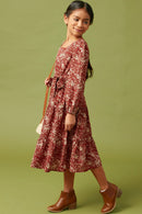 GY5136 BURGUNDY Girls Square Neck Puff Sleeve Belted Dress Side