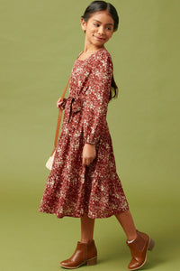 GY5136 BURGUNDY Girls Square Neck Puff Sleeve Belted Dress Side