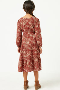 GY5136 BURGUNDY Girls Square Neck Puff Sleeve Belted Dress Back