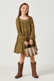 GY5146 OLIVE Girls Square Neck Long Sleeve Tiered Dress Full Body