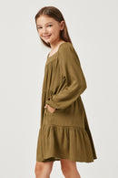 GY5146 OLIVE Girls Square Neck Long Sleeve Tiered Dress Front