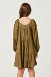 GY5146 OLIVE Girls Square Neck Long Sleeve Tiered Dress Back