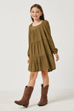 GY5146 OLIVE Girls Square Neck Long Sleeve Tiered Dress Side