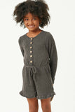 GY5148 BLACK Girls Textured Rib Button Detail Long Sleeve Romper Front