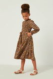 GY5154 OLIVE Girls Dusty Floral Ruffle Neck Smock Detail Dress Full Body