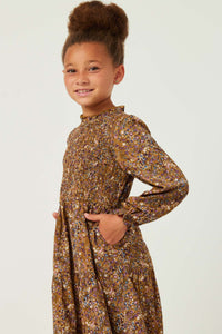 GY5154 OLIVE Girls Dusty Floral Ruffle Neck Smock Detail Dress Side