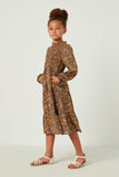 GY5154 OLIVE Girls Dusty Floral Ruffle Neck Smock Detail Dress Front