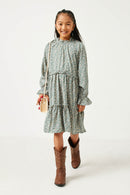 GY5179 JADE Girls Floral Print Ruffled Waist Detail Long Sleeve Dress Full Body