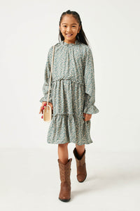 GY5179 JADE Girls Floral Print Ruffled Waist Detail Long Sleeve Dress Full Body