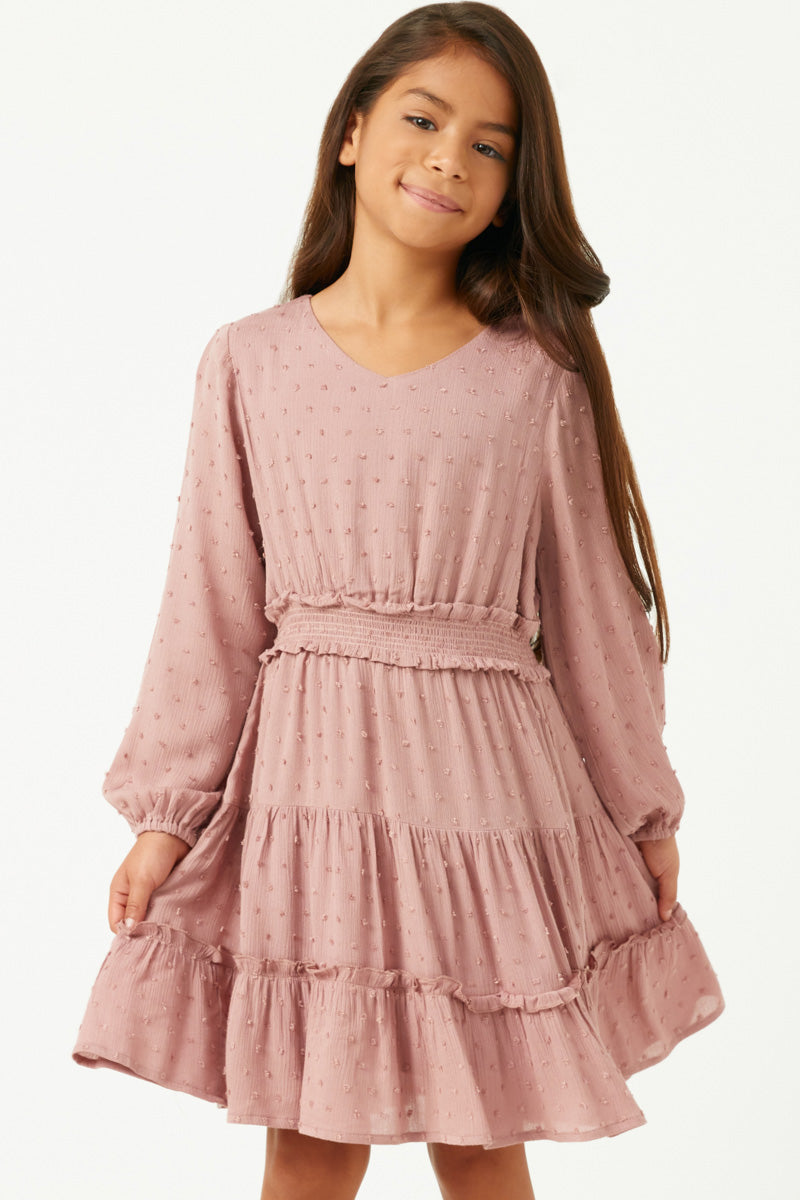 Swiss Dot Smocked Waist Ruffled Skirt Long Sleeve Dress