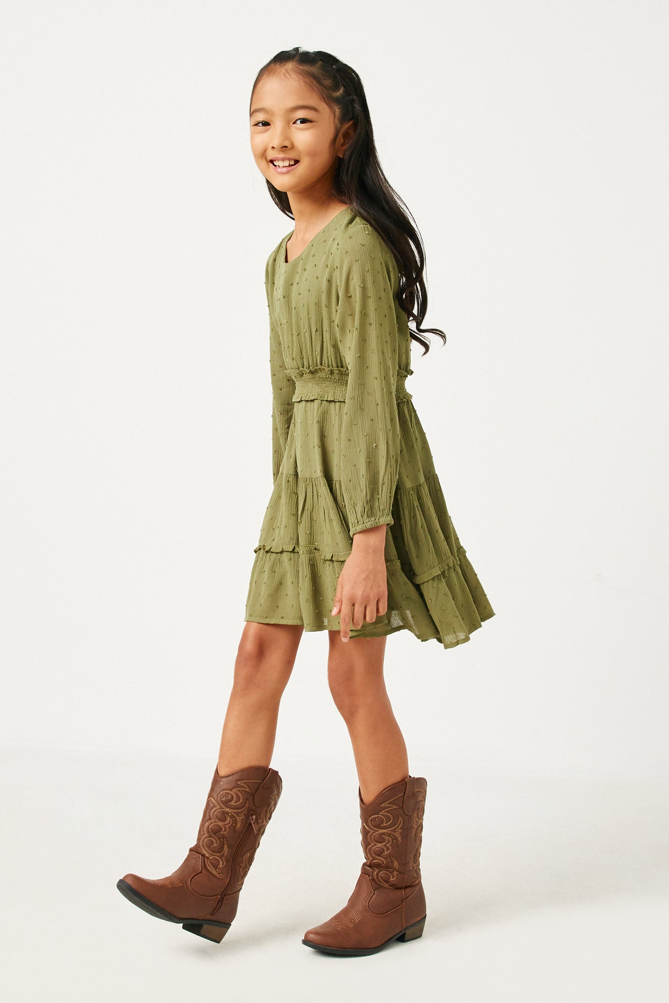 Swiss Dot Smocked Waist Ruffled Skirt Long Sleeve Dress