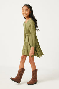 Swiss Dot Smocked Waist Ruffled Skirt Long Sleeve Dress