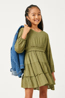 Swiss Dot Smocked Waist Ruffled Skirt Long Sleeve Dress
