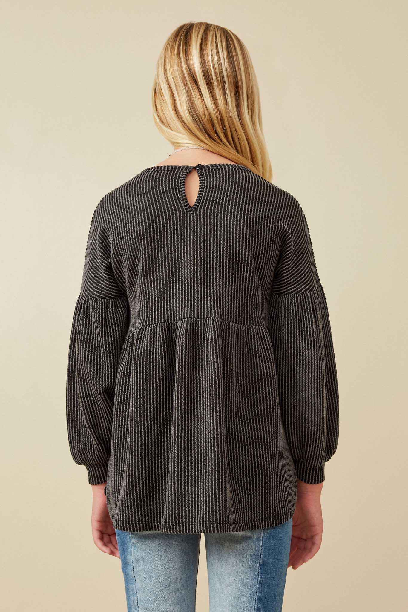 GY5189 Black Girls Textured Stripe Baby Doll Long Sleeve Knit Top Back
