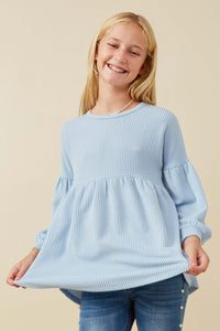 GY5189 Blue Girls Textured Stripe Baby Doll Long Sleeve Knit Top Front