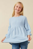 GY5189 Blue Girls Textured Stripe Baby Doll Long Sleeve Knit Top Front