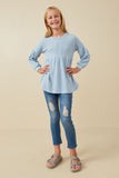 GY5189 Blue Girls Textured Stripe Baby Doll Long Sleeve Knit Top Full Body