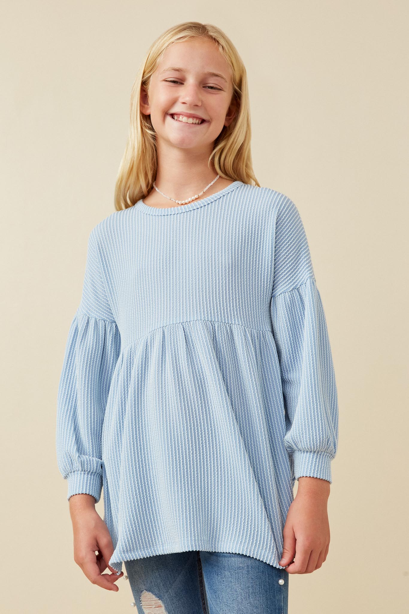 GY5189 Blue Girls Textured Stripe Baby Doll Long Sleeve Knit Top Front 2