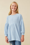 GY5189 Blue Girls Textured Stripe Baby Doll Long Sleeve Knit Top Front 2