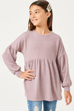 GY5189 MAUVE Girls Textured Stripe Baby doll Long Sleeve Knit Top Front