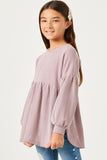 GY5189 MAUVE Girls Textured Stripe Baby doll Long Sleeve Knit Top Side