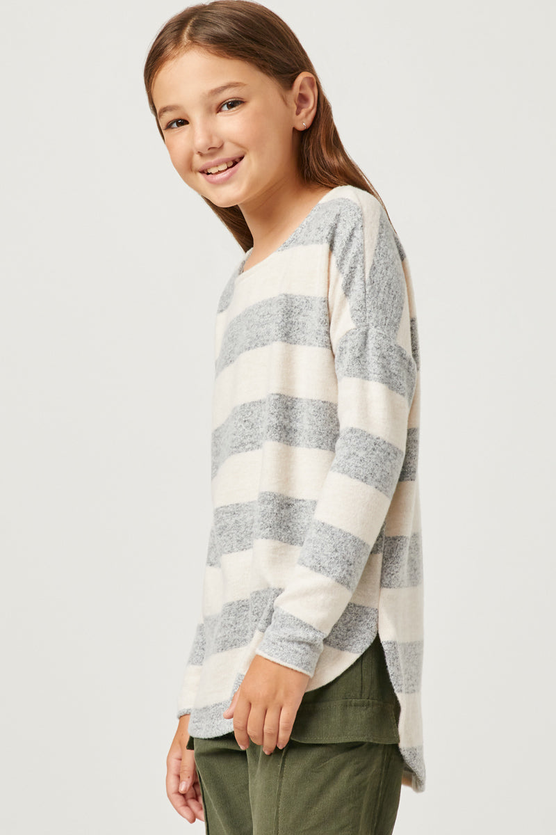 Long Sleeve Stripe Shirt Tail Hem Top
