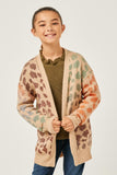 GY5194 OLIVE_MIX Girls Multi Color Leopard Open Sweater Cardigan Front