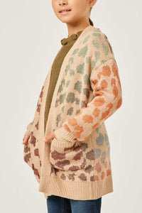 GY5194 OLIVE_MIX Girls Multi Color Leopard Open Sweater Cardigan Side