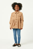 GY5203 TAUPE Girls Long Sleeve Textured Pinstripe Peplum Button Up Shirt Full Body