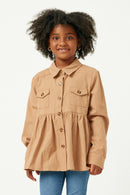 GY5203 TAUPE Girls Long Sleeve Textured Pinstripe Peplum Button Up Shirt Front