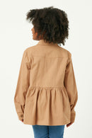 GY5203 TAUPE Girls Long Sleeve Textured Pinstripe Peplum Button Up Shirt Back