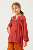 GY5207 RUST Girls Swiss Dot Embroidered Bodice Long Sleeve Top Front
