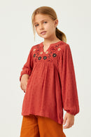 GY5207 RUST Girls Swiss Dot Embroidered Bodice Long Sleeve Top Front